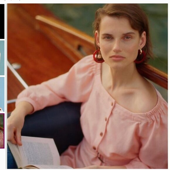 Maeve Anthropologie Alanis Belted Blouse Button Up Shirt Off Shoulder pink sz 8 - Picture 4 of 16